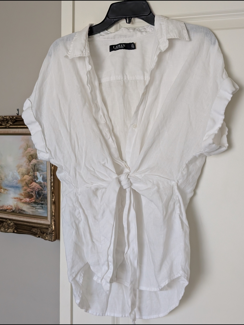 Ralph Lauren White Linen Tie Front Blouse